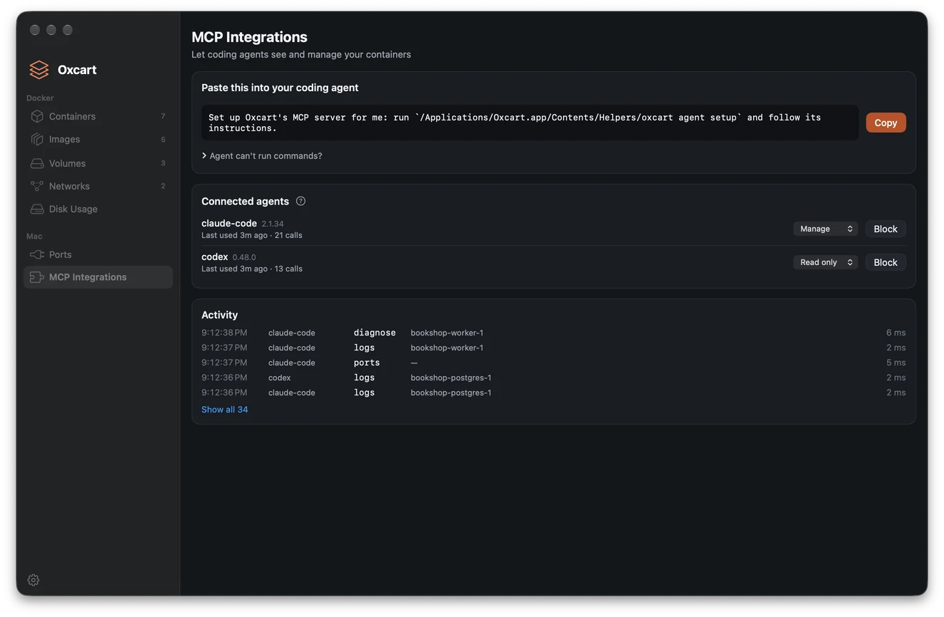MCP Integrations: claude-code mit der Stufe Manage und codex mit Read only verbunden. Dazu ein Verlauf ihrer Aufrufe von diagnose, ports, logs und images.